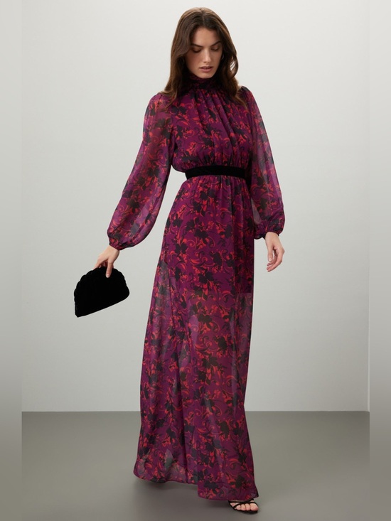 LDT Dresses & Skirts - Floral Print High-Neck Long Sleeve Maxi Dress - Purple